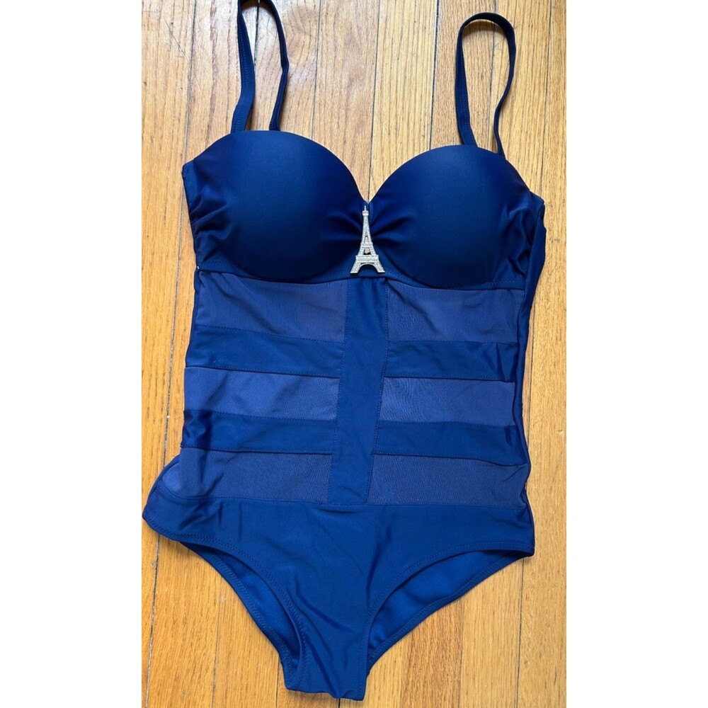 Womens XS /S Blue Mesh Swimsuit One Piece Underwired Removable Straps Padded